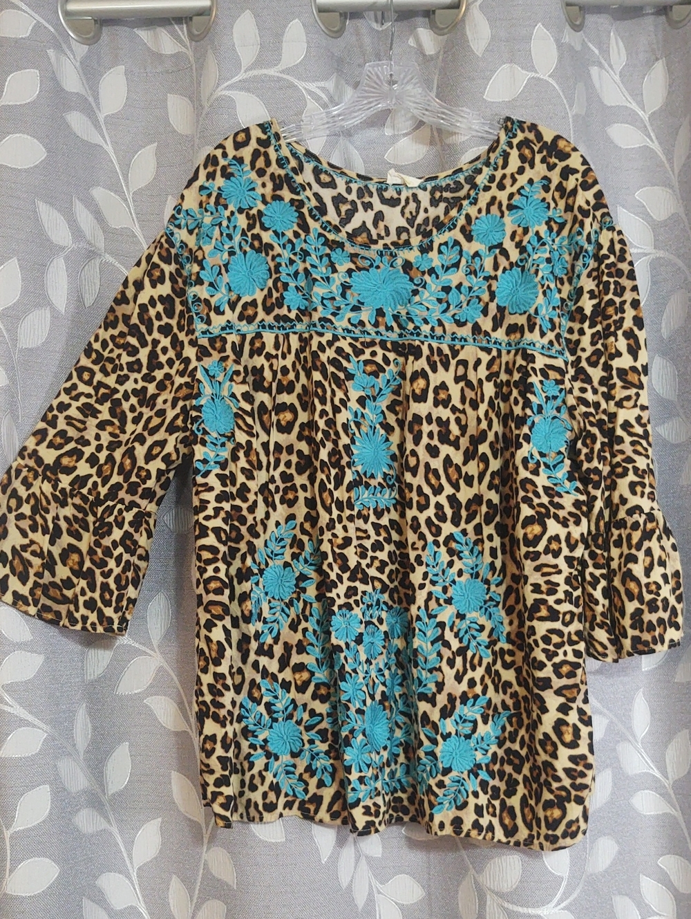 Layerz Leopard Print Tunic with Turquoise Floral Embroidery